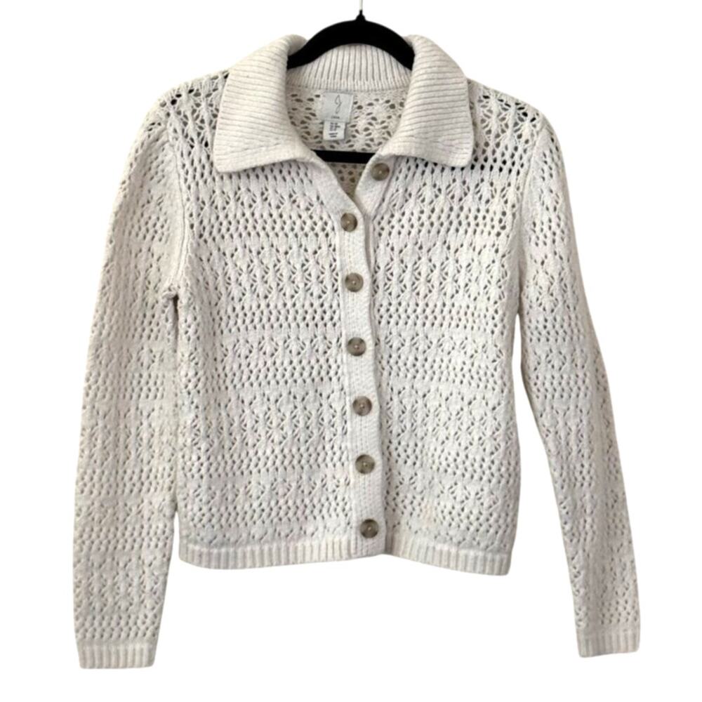 Joie White Open Stitch Crochet Button Cardigan Medium Boho Coastal Preppy Casual